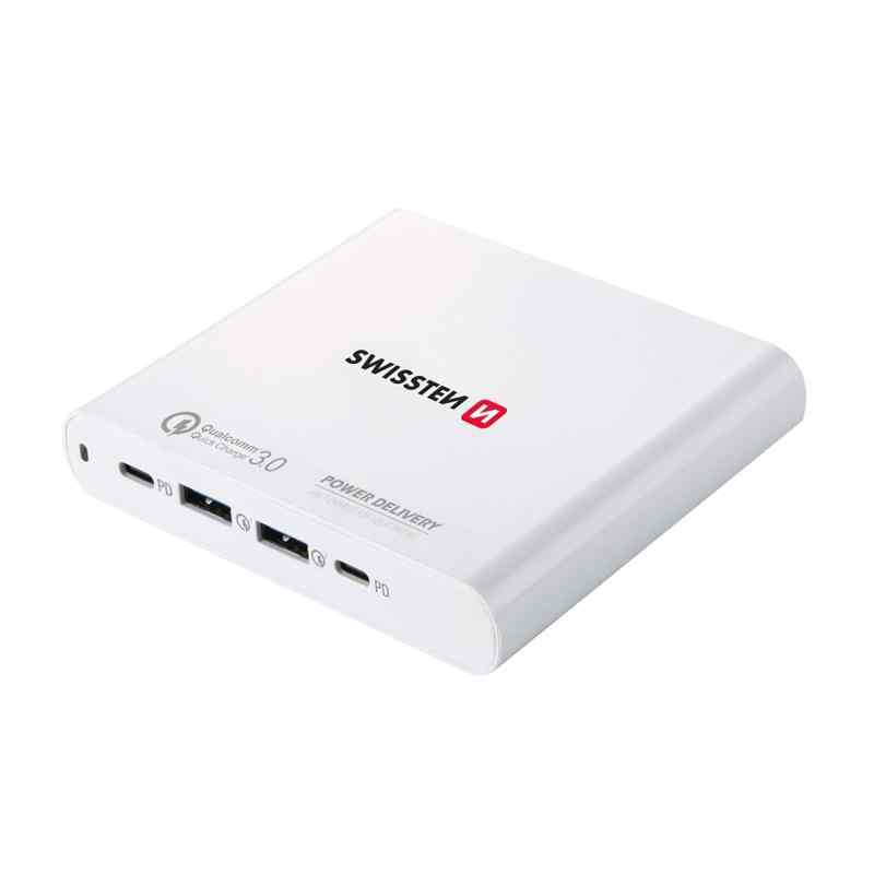 87W EU napájecí adaptér / nabíječka SWISSTEN - 2x USB-C PD + 2x USB-A pro Apple iPhone / iPad / MacBook 1 87W EU napájecí adaptér / nabíječka SWISSTEN - 2x USB-C PD + 2x USB-A pro Apple iPhone / iPad / MacBook
