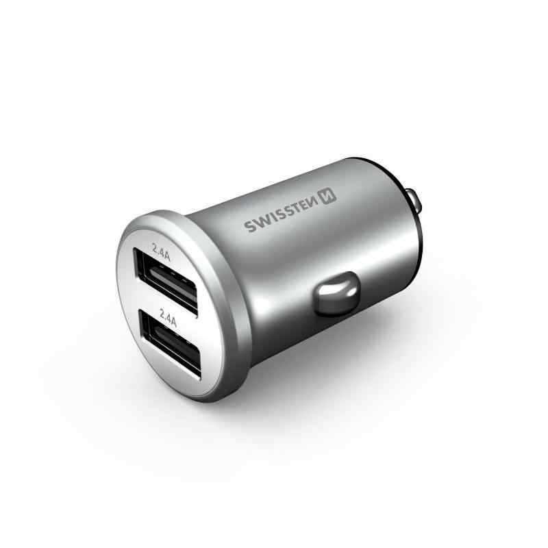 Autonabíječka / adaptér SWISSTEN - 2x USB (4,8A) - kovová - stříbrná 1 Autonabíječka / adaptér SWISSTEN - 2x USB (4,8A) - kovová - stříbrná