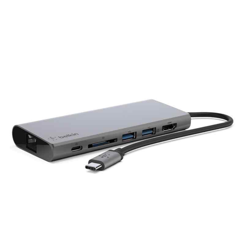 Redukce / adaptér BELKIN USB-C na 2x USB-A 3.0 + SD + HDMI + ethernet - kovová - šedá 1 Redukce / adaptér BELKIN USB-C na 2x USB-A 3.0 + SD + HDMI + ethernet - kovová - šedá