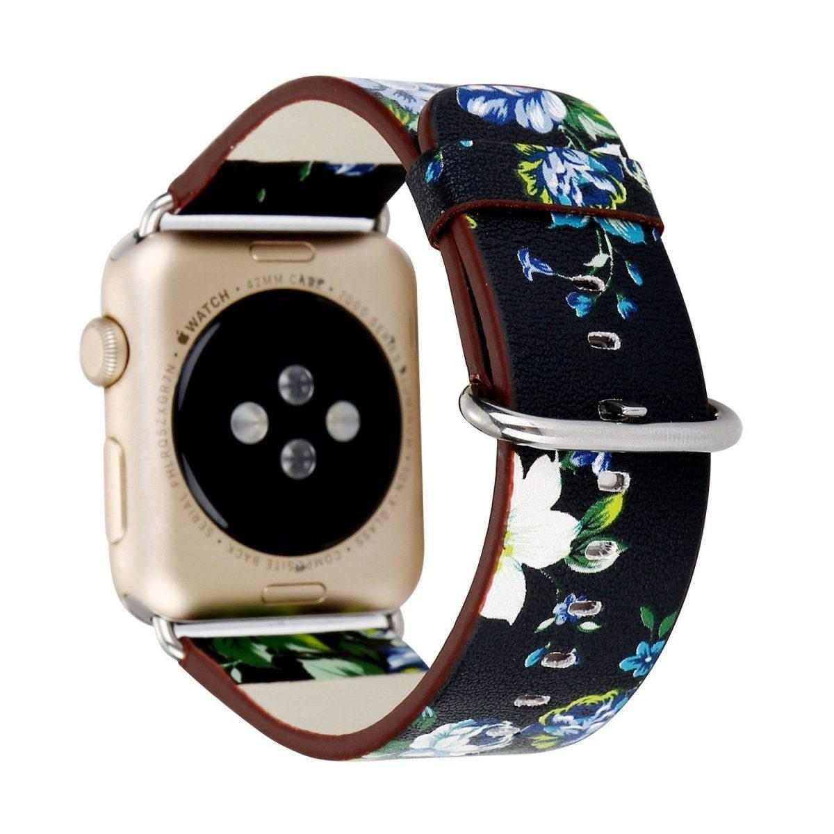 eses Kožený květinový řemínek 38mm/40mm černý/modrý pro Apple Watch 1 eses Kožený květinový řemínek 38mm/40mm černý/modrý pro Apple Watch