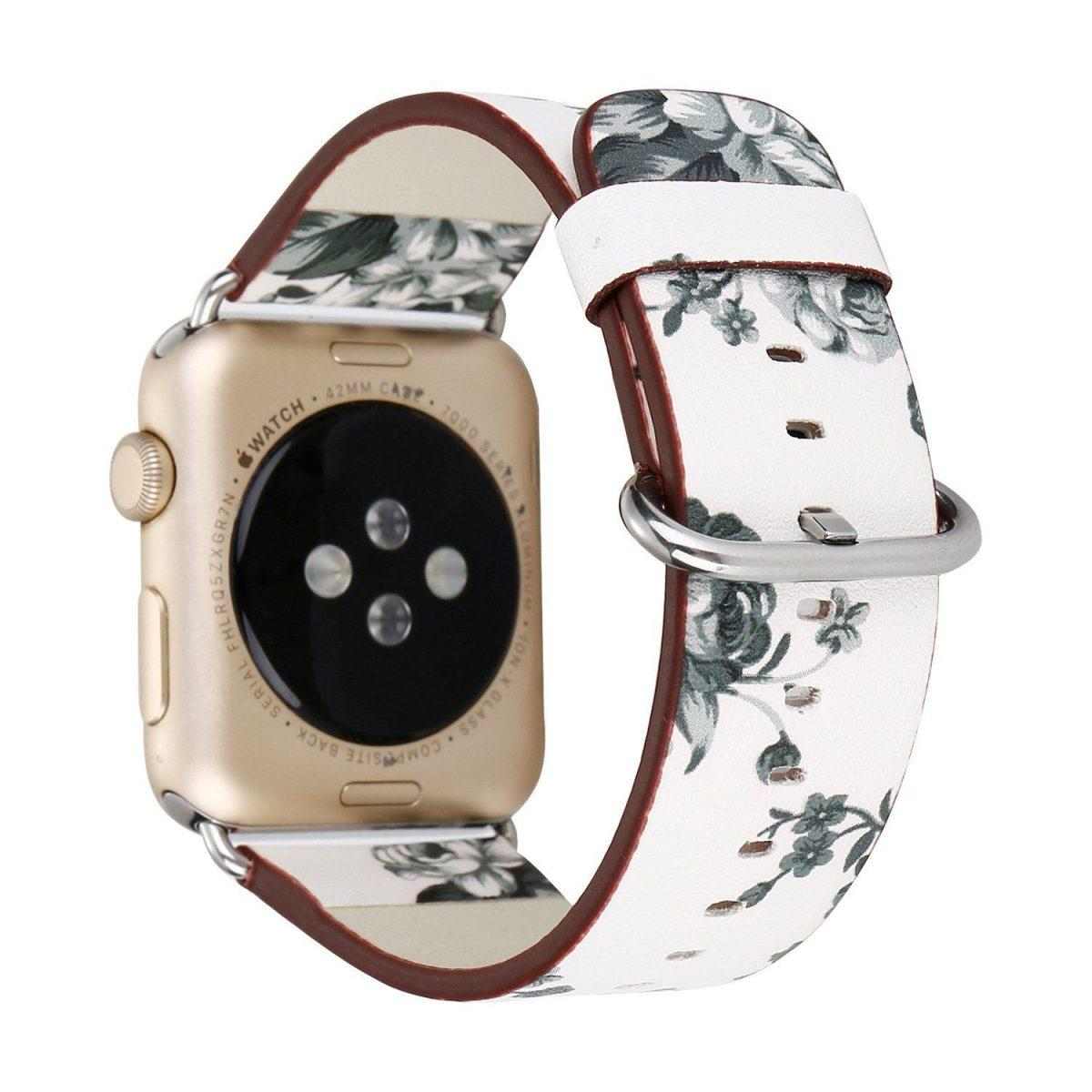 eses Kožený květinový řemínek 38mm/40mm bílý/šedý pro Apple Watch 1 eses Kožený květinový řemínek 38mm/40mm bílý/šedý pro Apple Watch