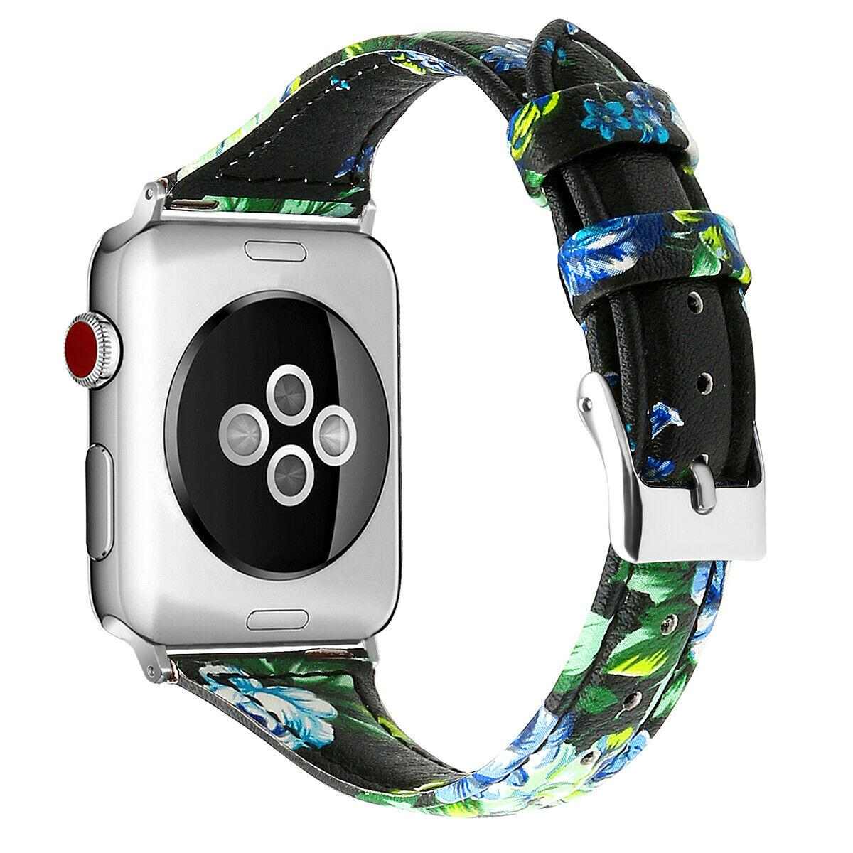 eses Kožený květinový úzký řemínek 42mm/44mm černý/modrý pro Apple Watch 1 eses Kožený květinový úzký řemínek 42mm/44mm černý/modrý pro Apple Watch