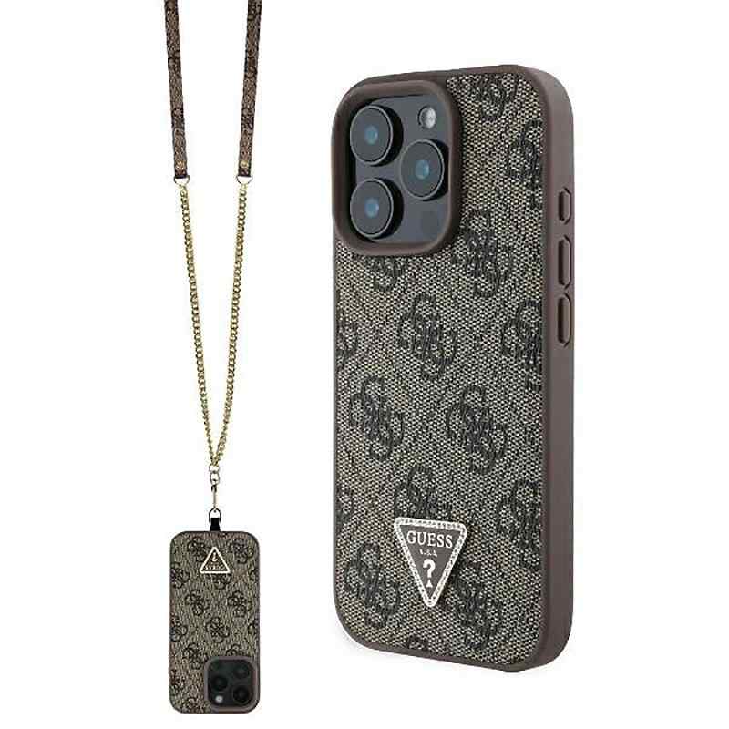 Kryt GUESS Metal logo pro Apple iPhone 16 Pro Max - šňůrka / řetízek - umělá kůže - hnědý 1 Kryt GUESS Metal logo pro Apple iPhone 16 Pro Max - šňůrka / řetízek - umělá kůže - hnědý