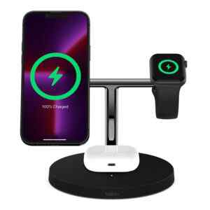 bezdratova nabijecka stojanek magsafe belkin 15w 3v1 pro apple iphone airpods watch cerna