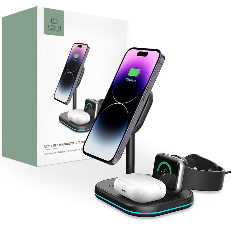 Bezdrátová nabíječka Qi / stojánek TECH PROTECT 3v1 pro Apple iPhone / Watch / AirPods - podpora MagSafe - černá 2 Bezdrátová nabíječka Qi / stojánek TECH PROTECT 3v1 pro Apple iPhone / Watch / AirPods - podpora MagSafe - černá - Obrázek 2