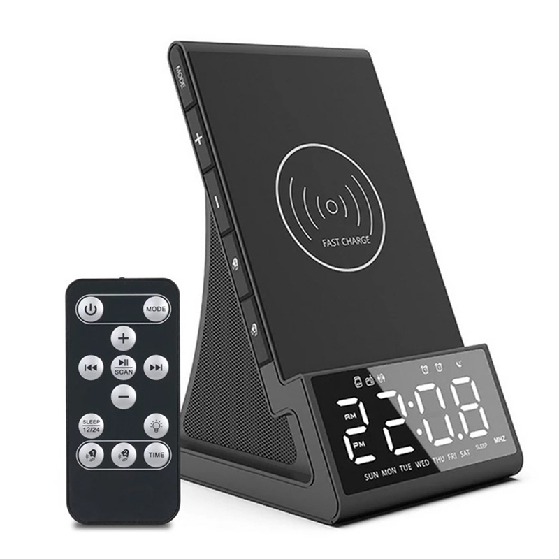 Bluetooth reproduktor / bezdrátová nabíječka Qi + hodiny / radio budík - USB-A / Micro SD vstup - černý 1 Bluetooth reproduktor / bezdrátová nabíječka Qi + hodiny / radio budík - USB-A / Micro SD vstup - černý