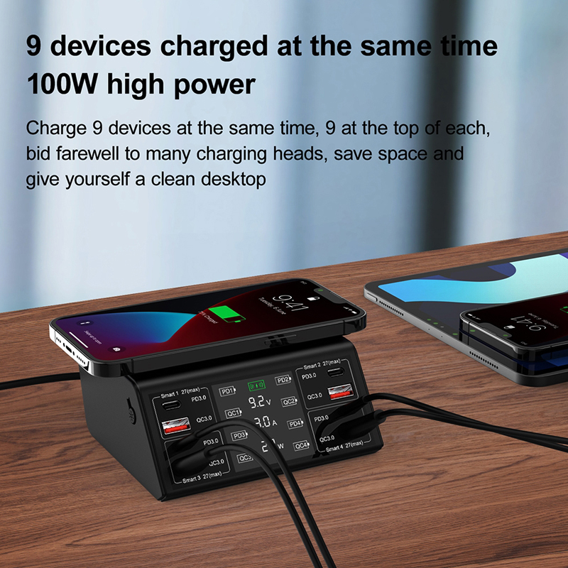 Nabíjecí stanice / nabíječka 9v1 - 100W - 4x USB-A + 4x USB-C + Qi - EU kabel - bílá; 838w 8 Nabíjecí stanice / nabíječka 9v1 - 100W - 4x USB-A + 4x USB-C + Qi - EU kabel - bílá; 838w - Obrázek 8