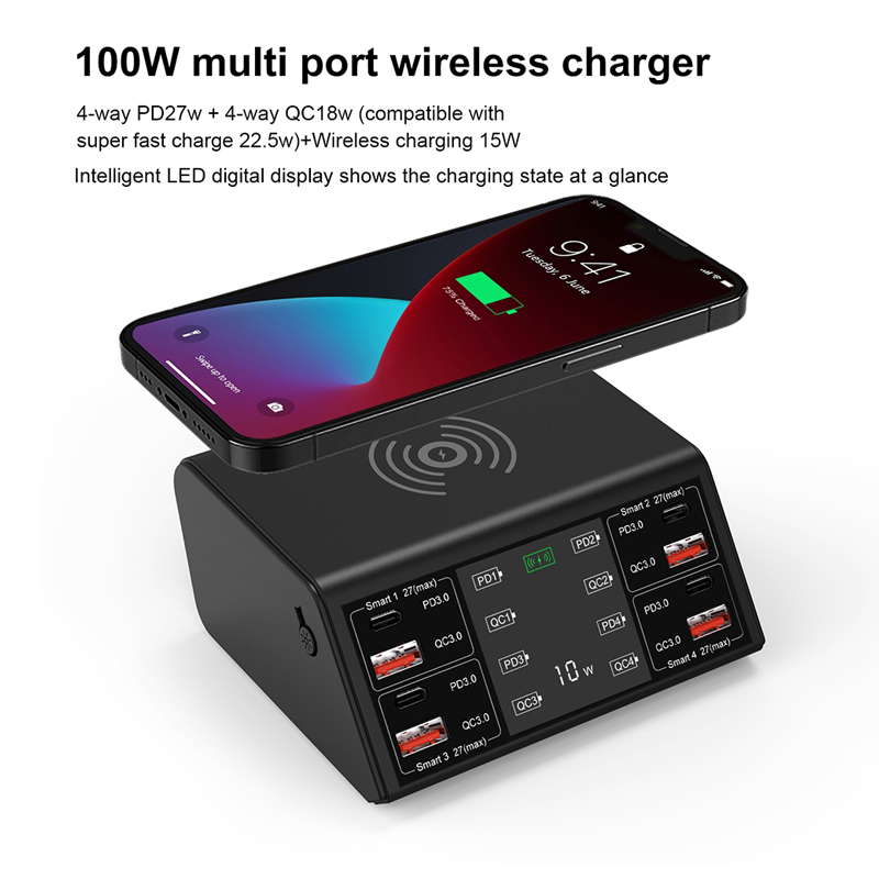 Nabíjecí stanice / nabíječka 9v1 - 100W - 4x USB-A + 4x USB-C + Qi - EU kabel - bílá; 838w 3 Nabíjecí stanice / nabíječka 9v1 - 100W - 4x USB-A + 4x USB-C + Qi - EU kabel - bílá; 838w - Obrázek 3