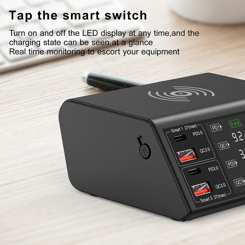 Nabíjecí stanice / nabíječka 9v1 - 100W - 4x USB-A + 4x USB-C + Qi - EU kabel - bílá; 838w 5 Nabíjecí stanice / nabíječka 9v1 - 100W - 4x USB-A + 4x USB-C + Qi - EU kabel - bílá; 838w - Obrázek 5