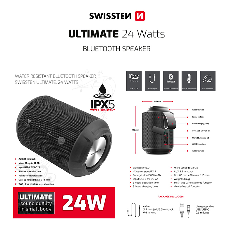 Reproduktor Bluetooth SWISSTEN Ultimate - 24W USB-C - nylonový - poutko - černý 2 Reproduktor Bluetooth SWISSTEN Ultimate - 24W USB-C - nylonový - poutko - černý - Obrázek 2