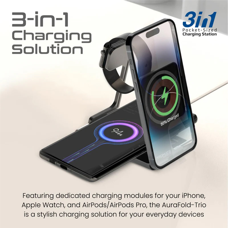 3v1 bezdrátová nabíječka PROMATE AuraFold Trio pro Apple iPhone / Watch / AirPods - MagSafe - černá 2 3v1 bezdrátová nabíječka PROMATE AuraFold Trio pro Apple iPhone / Watch / AirPods - MagSafe - černá - Obrázek 2