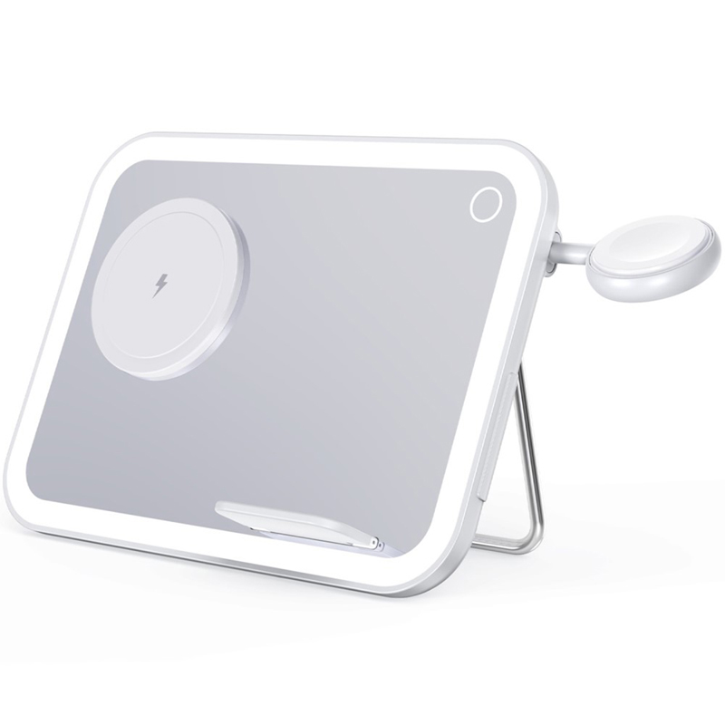 Bezdrátová nabíječka Qi 3v1 pro Apple iPhone / AirPods / Watch + zrcátko a lampička - bílá 2 Bezdrátová nabíječka Qi 3v1 pro Apple iPhone / AirPods / Watch + zrcátko a lampička - bílá - Obrázek 2