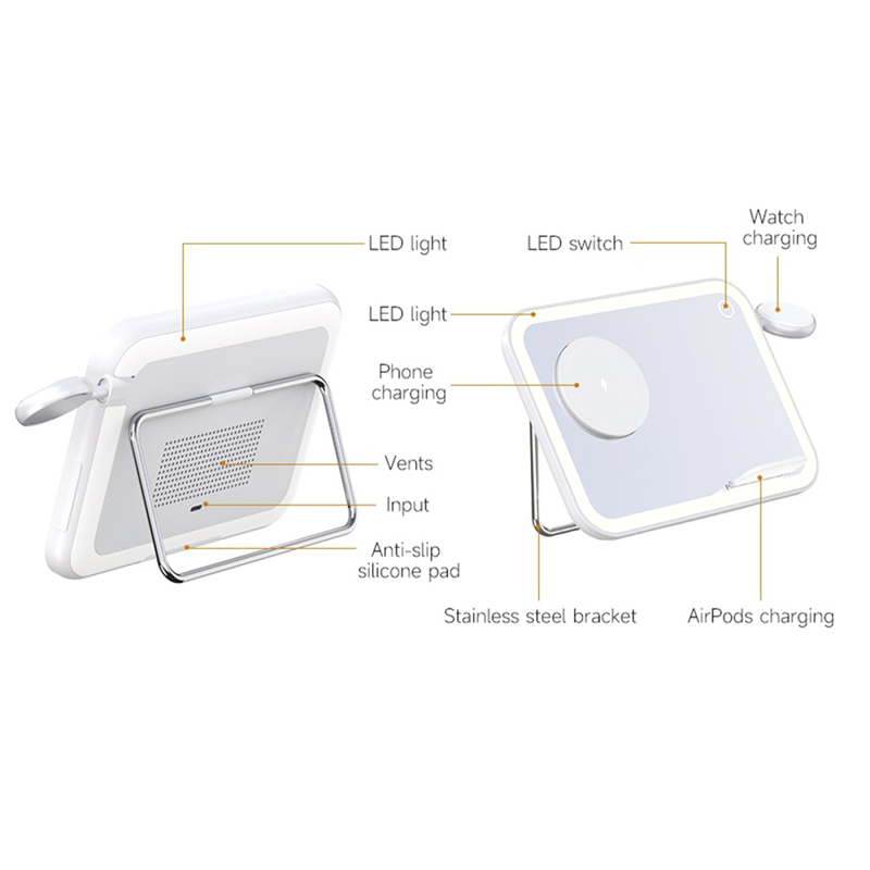 Bezdrátová nabíječka Qi 3v1 pro Apple iPhone / AirPods / Watch + zrcátko a lampička - bílá 4 Bezdrátová nabíječka Qi 3v1 pro Apple iPhone / AirPods / Watch + zrcátko a lampička - bílá - Obrázek 4