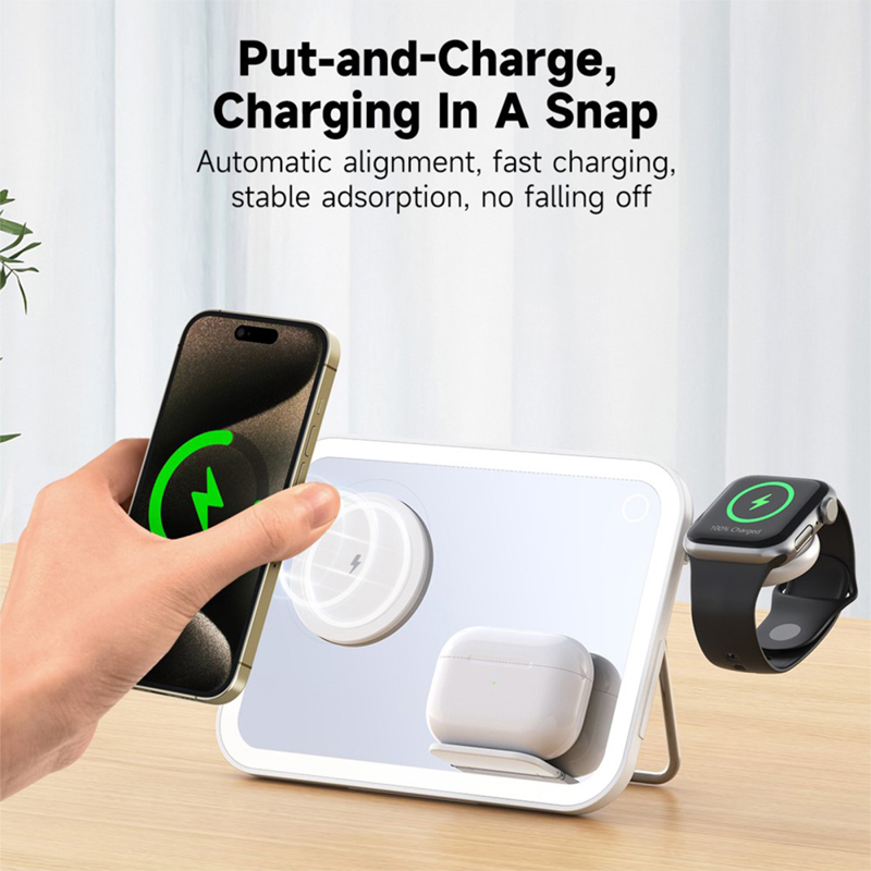 Bezdrátová nabíječka Qi 3v1 pro Apple iPhone / AirPods / Watch + zrcátko a lampička - bílá 7 Bezdrátová nabíječka Qi 3v1 pro Apple iPhone / AirPods / Watch + zrcátko a lampička - bílá - Obrázek 7