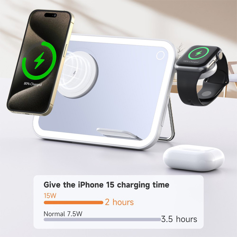 Bezdrátová nabíječka Qi 3v1 pro Apple iPhone / AirPods / Watch + zrcátko a lampička - bílá 10 Bezdrátová nabíječka Qi 3v1 pro Apple iPhone / AirPods / Watch + zrcátko a lampička - bílá - Obrázek 10