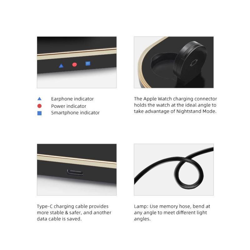 Stolní lampička + bezdrátová nabíječka Qi + nabíječka Watch + nabíječka AirPods + USB-C - černá 5 Stolní lampička + bezdrátová nabíječka Qi + nabíječka Watch + nabíječka AirPods + USB-C - černá - Obrázek 5