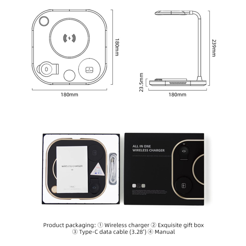 Stolní lampička + bezdrátová nabíječka Qi + nabíječka Watch + nabíječka AirPods + USB-C - černá 6 Stolní lampička + bezdrátová nabíječka Qi + nabíječka Watch + nabíječka AirPods + USB-C - černá - Obrázek 6